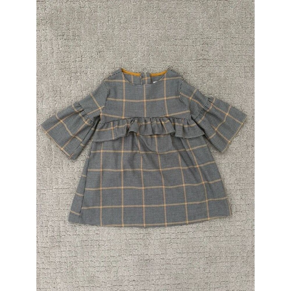 Zara Girls Plaid Houndstooth Ruffle Dress Size 5 110 Bell Sleeve Fall